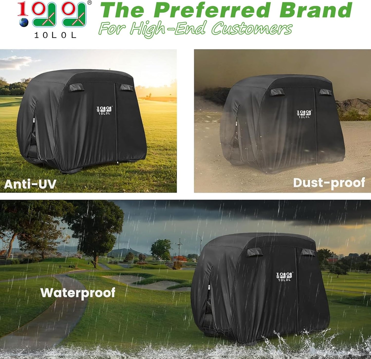 500D Waterproof Golf Cart Cover Universal Fits for Club Car, E-Z GO, Yamaha and Most Brand 4 Passenger All-Weather Polyester Full Cover with Three Zipper Doors