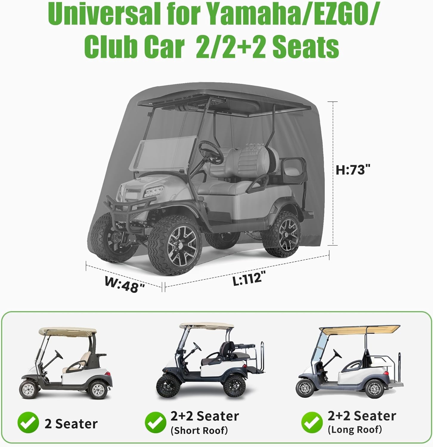 500D Waterproof Golf Cart Cover Universal Fits for Club Car, E-Z GO, Yamaha and Most Brand 4 Passenger All-Weather Polyester Full Cover with Three Zipper Doors
